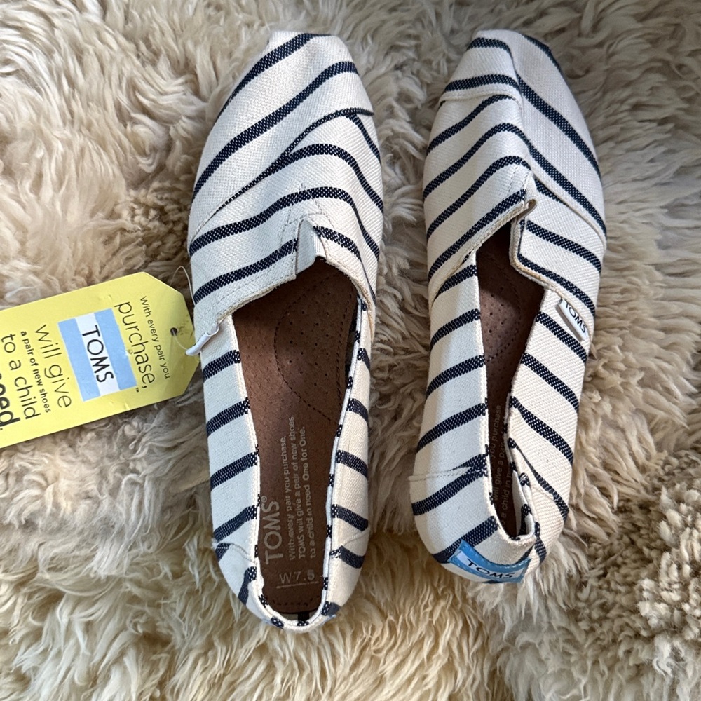 TOMS Navy and White Striped Canvas Slip-Ons